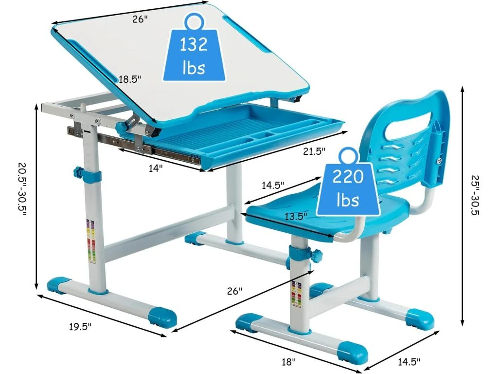Bureau Enfant à Hauteur Réglable Inclinable 0-45°, Ensemble Table Et Chaise Avec Plateau – Image 5