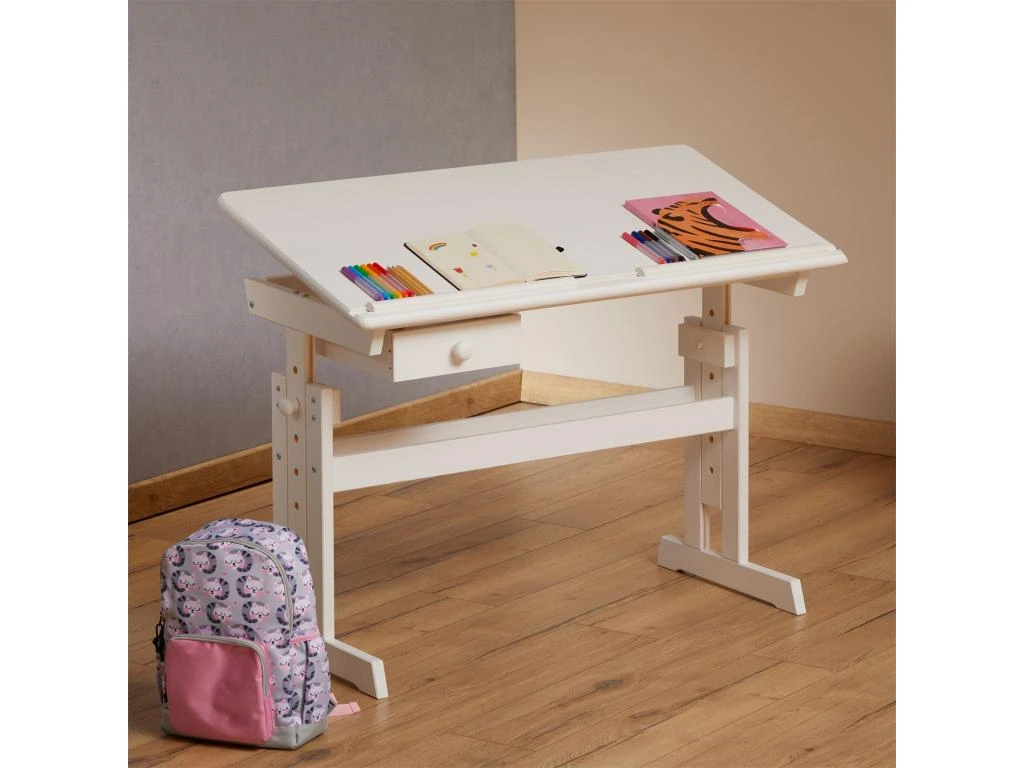 Bureau Enfant écolier Junior FLEXI Table à Dessin Réglable En Hauteur Et Pupitre Inclinable Avec 1 Tiroir En Pin Massif Lasuré Blanc – Image 2