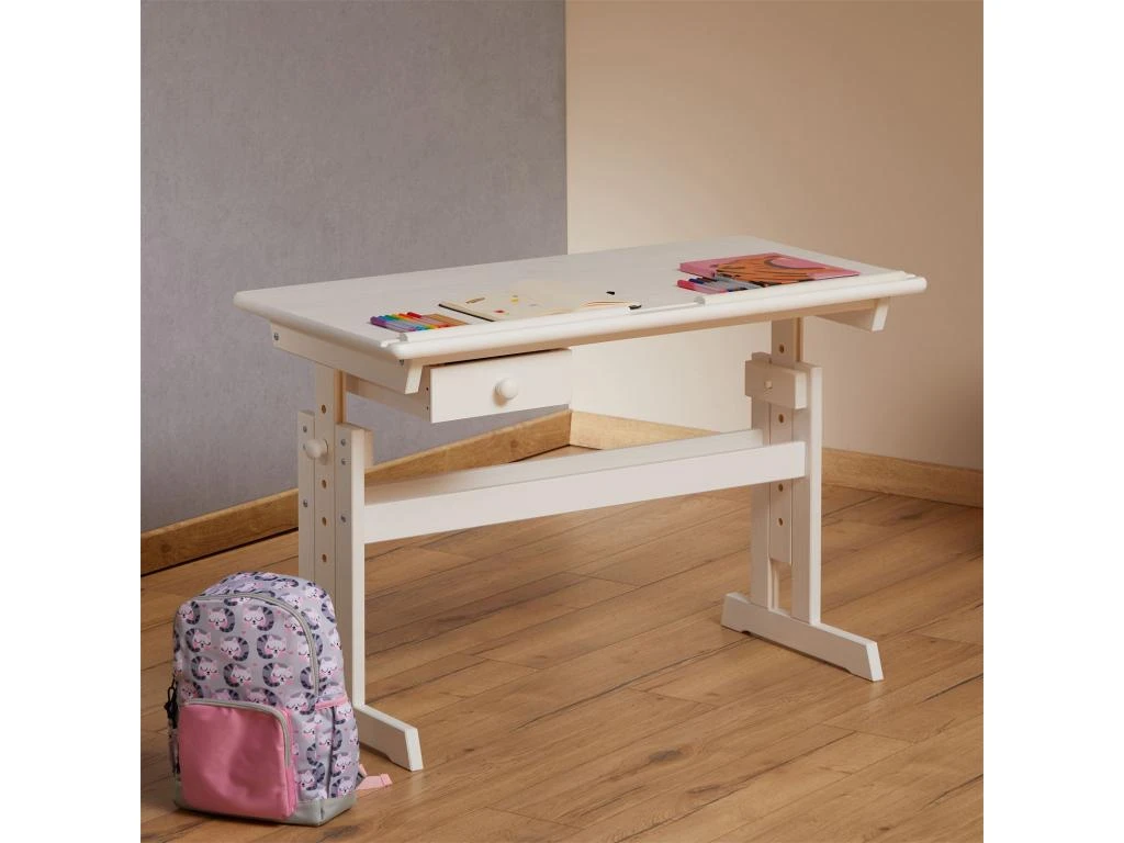 Bureau Enfant écolier Junior FLEXI Table à Dessin Réglable En Hauteur Et Pupitre Inclinable Avec 1 Tiroir En Pin Massif Lasuré Blanc – Image 3