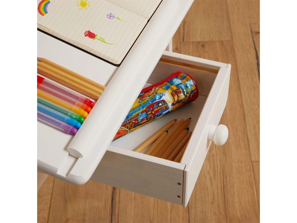 Bureau Enfant écolier Junior FLEXI Table à Dessin Réglable En Hauteur Et Pupitre Inclinable Avec 1 Tiroir En Pin Massif Lasuré Blanc – Image 5