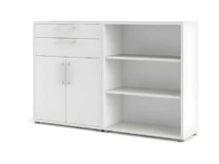 Prisme Étagère De Bureau 2 Tiroirs, 2 Portes Et 2 Tablettes De Rangement, Blanc