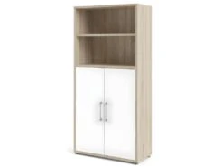 Prisme Armoire De Bureau 2 Espaces De Rangement Et 2 Portes, Finition Chêne, Blanc