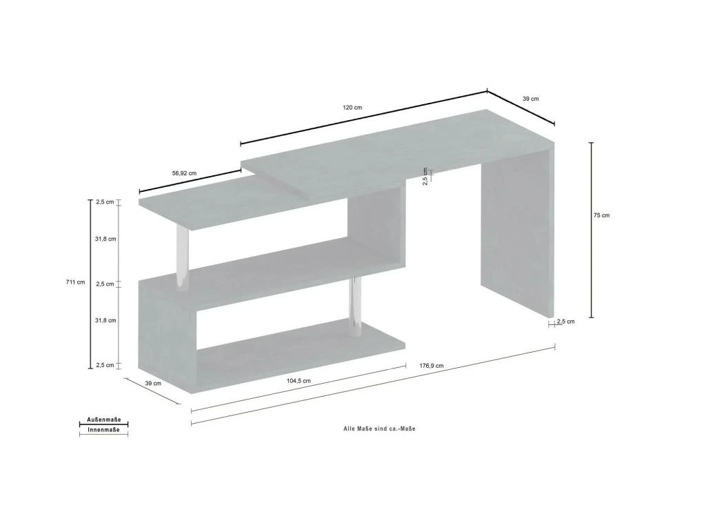 Bureau Candido, Bureau D'angle Support PC, Table De Bureau Polyvalente, Bureau Gain De Place Multiposition, 100% Made In Italy, Cm 120x50h75, Chêne – Image 3