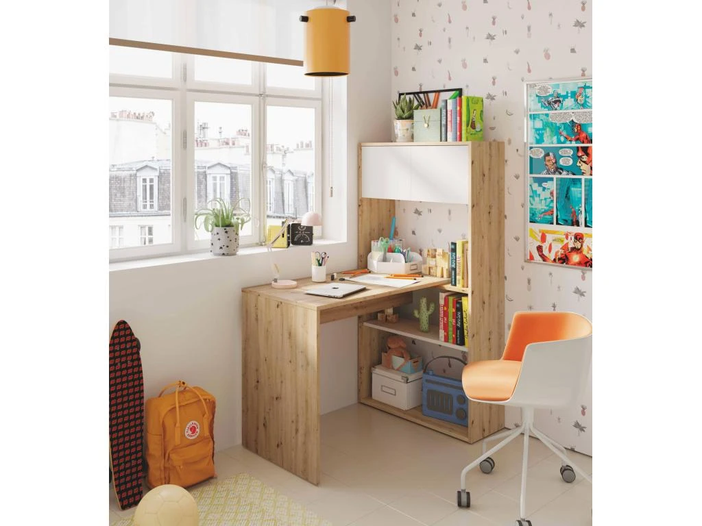 Bureau Dmangn, Bureau D'angle Réversible Avec Bibliothèque, Table D'étude Ou De Bureau Multiposition, 108x70h140 Cm, Nœuds Blancs Et Chêne – Image 2