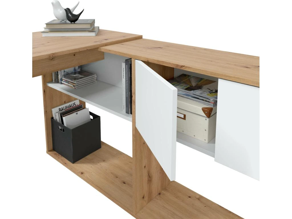 Bureau Dmangn, Bureau D'angle Réversible Avec Bibliothèque, Table D'étude Ou De Bureau Multiposition, 108x70h140 Cm, Nœuds Blancs Et Chêne – Image 3