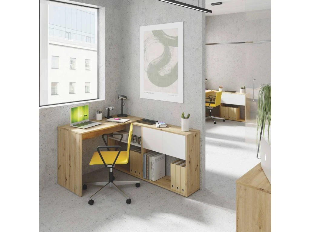 Bureau Dmangn, Bureau D'angle Réversible Avec Bibliothèque, Table D'étude Ou De Bureau Multiposition, 108x70h140 Cm, Nœuds Blancs Et Chêne – Image 4