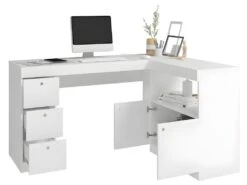 Bureau D'Angle Blanc Caisson 3 Tiroirs Et Armoirette