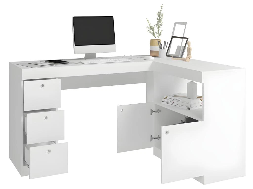 Bureau D'Angle Blanc Caisson 3 Tiroirs Et Armoirette