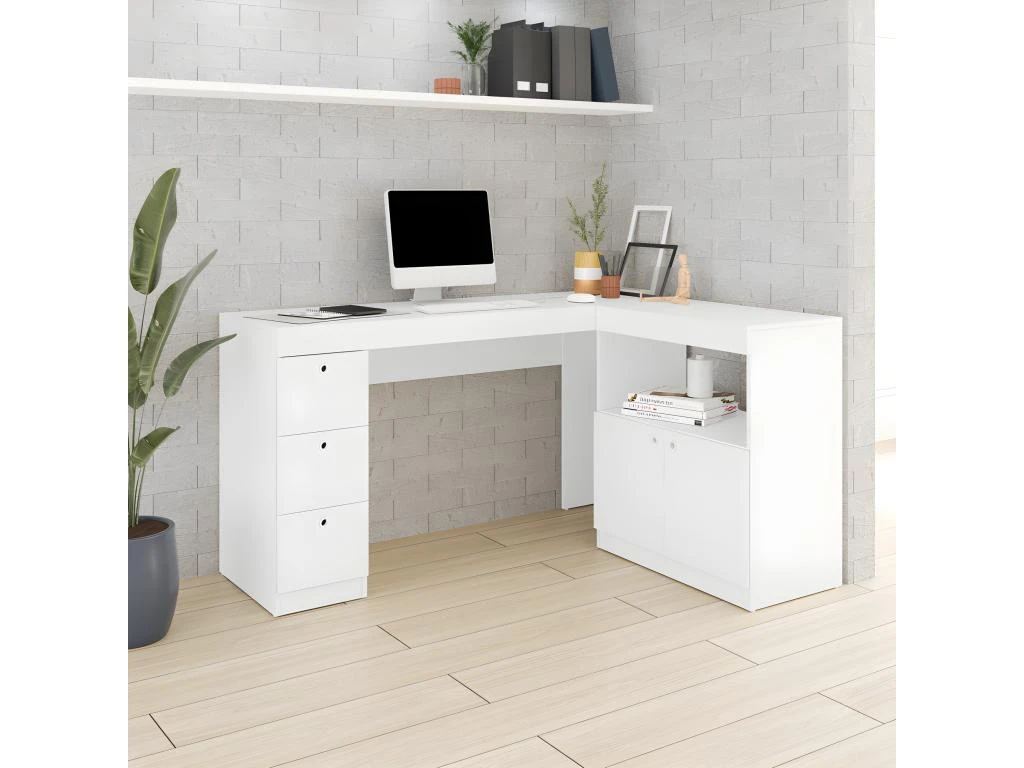 Bureau D'Angle Blanc Caisson 3 Tiroirs Et Armoirette – Image 2