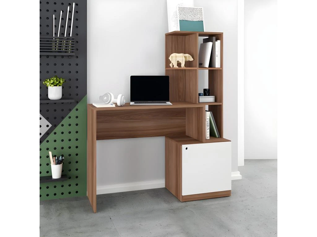 Bureau Châtaignier Blanc Bibliothèque 6 Niches Et 1 Caisson Intégrés – Image 3