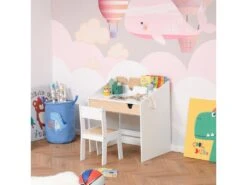 Bureau Enfant Style Scandinave - Ensemble Bureau Et Chaise - Tiroir Coulissant, Présentoir Livres - MDF Blanc Aspect Bois De Pin