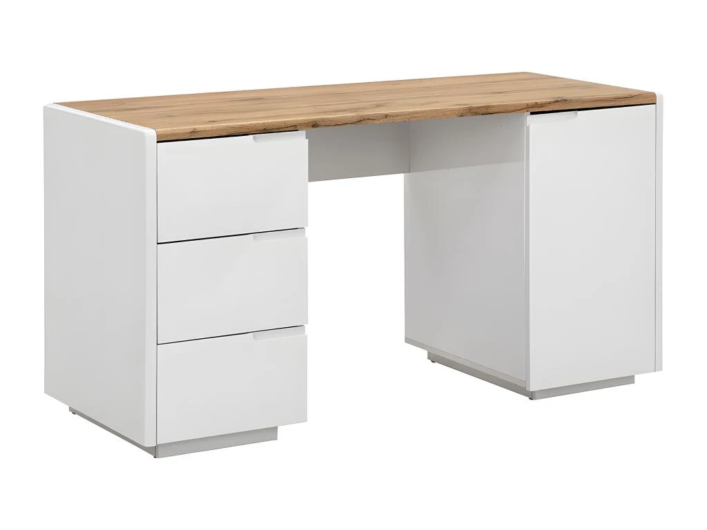 Bureau AMANI - 3 Tiroirs Et 1 Porte - MDF - Blanc Laqué Et Chêne – Image 3