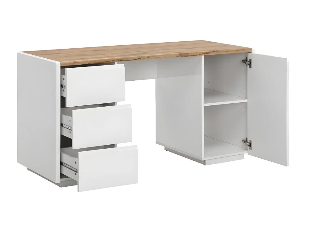 Bureau AMANI - 3 Tiroirs Et 1 Porte - MDF - Blanc Laqué Et Chêne – Image 4