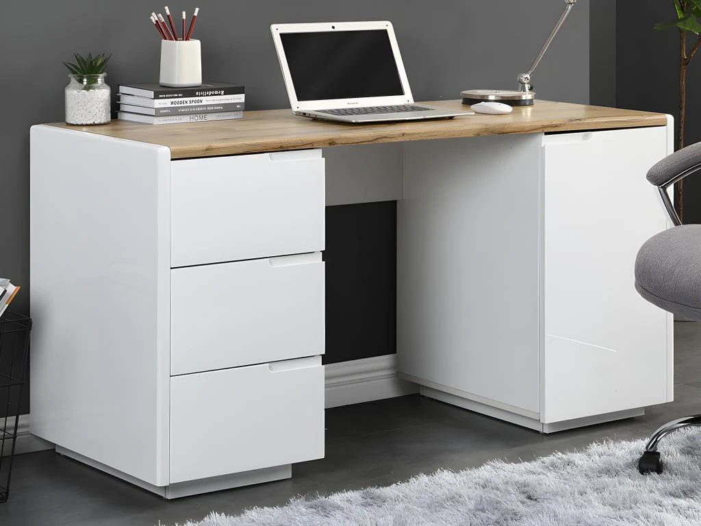 Bureau AMANI - 3 Tiroirs Et 1 Porte - MDF - Blanc Laqué Et Chêne – Image 2
