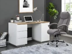 Bureau AMANI - 3 Tiroirs Et 1 Porte - MDF - Blanc Laqué Et Chêne