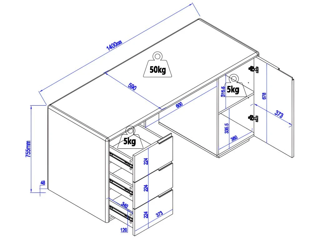 Bureau AMANI - 3 Tiroirs Et 1 Porte - MDF - Blanc Laqué Et Chêne – Image 6