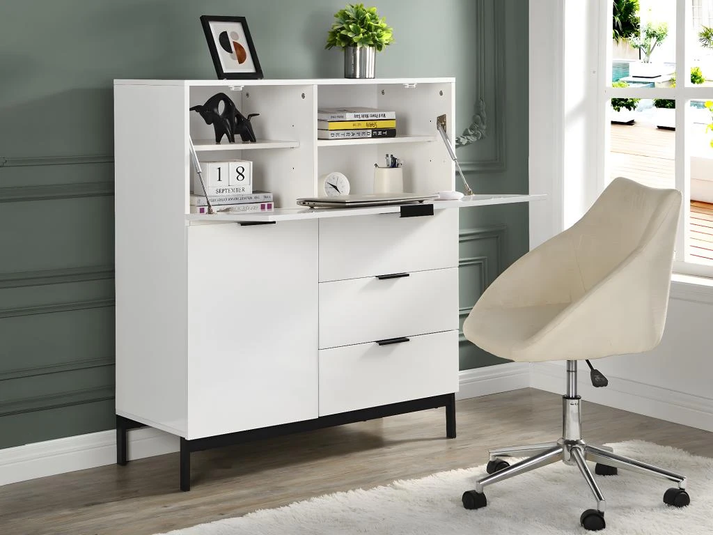 Secrétaire Avec 2 Porte Et 3 Tiroirs - MDF Et Métal - Blanc Laqué - ERWIN