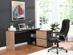 Bureau D'angle Avec 2 Porte Coulissantes - MDF - Coloris : Naturel Et Noir - COLIOBA