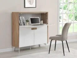 Secrétaire Avec 3 Portes - MDF Et Métal - Coloris : Naturel Et Blanc - DERELIS