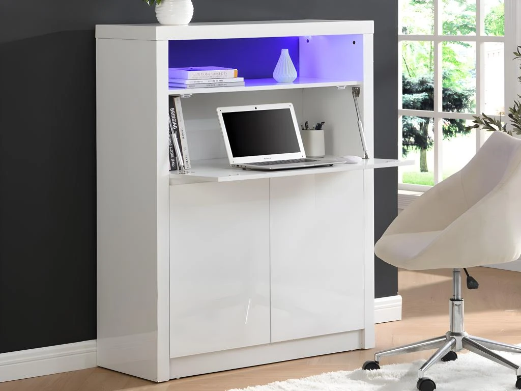 Secrétaire Avec 2 Portes - Avec LEDs - MDF - Blanc Lacqué - MELIONA – Image 2