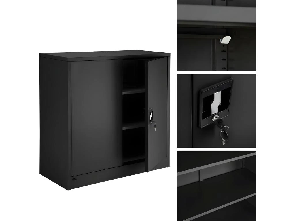 Armoire De Bureau Verrouillable Dotée De 2 étagères. Meuble 3 Niveaux Noir 08_0000380