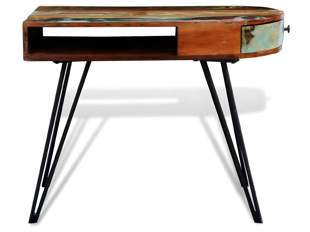 Bureau Table Meuble Travail Informatique En Bois Solide Recyclé Avec Pieds Broche En Fer 0502087 – Image 3