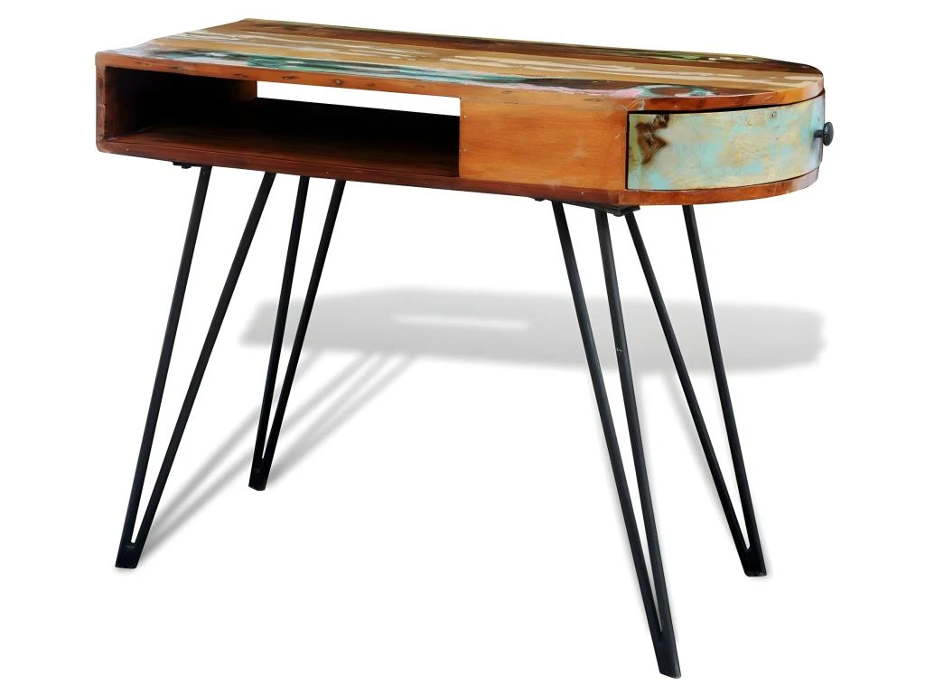 Bureau Table Meuble Travail Informatique En Bois Solide Recyclé Avec Pieds Broche En Fer 0502087 – Image 5