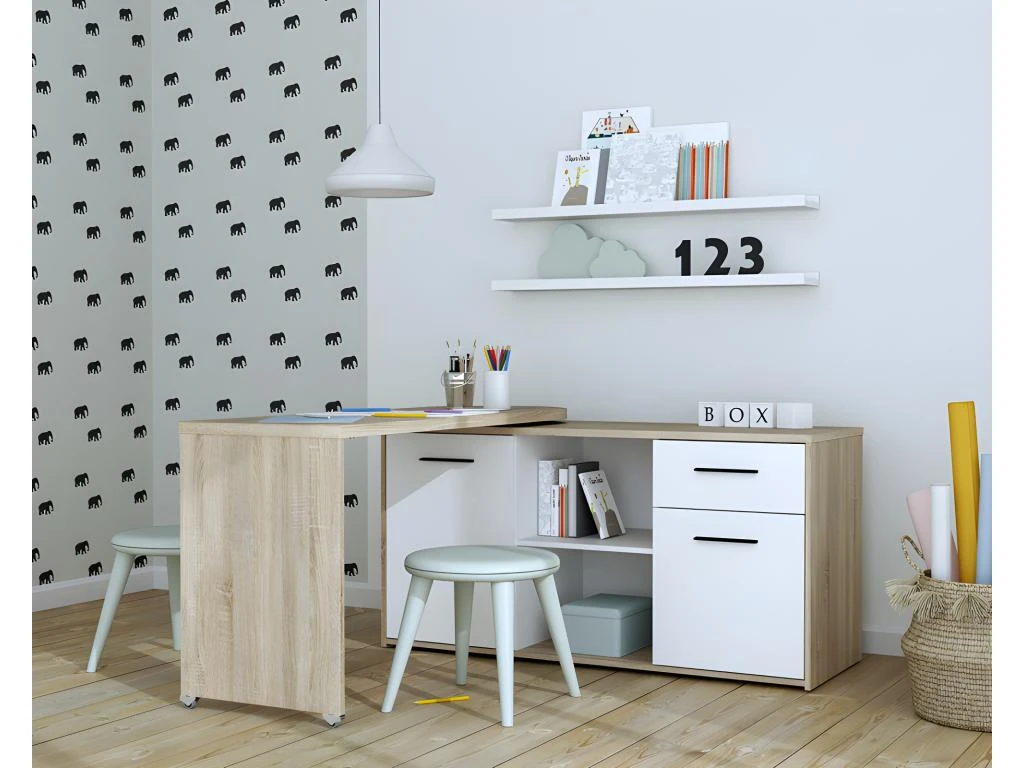 Bureau D'angle Rotatif 144 Cm à 232 Cm Décor Bois Et Blanc - ALKIRA – Image 2