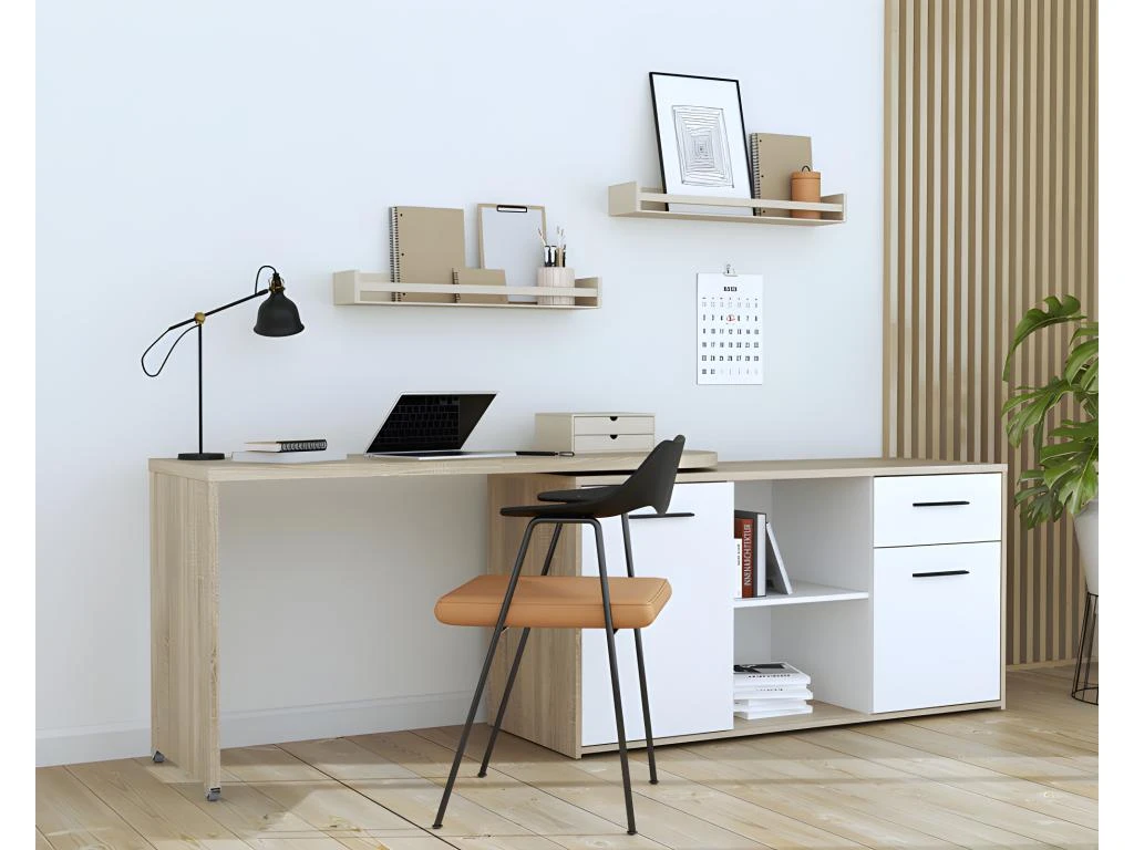 Bureau D'angle Rotatif 144 Cm à 232 Cm Décor Bois Et Blanc - ALKIRA – Image 3