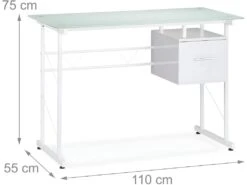 Bureau Moderne Avec Plaque De Verre Tiroir Latéral Pour Chambre D’ado 110 Cm Blanc 13_0000560