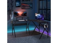 HOMCOM Bureau Gaming D'angle Bureau Gamer Bureau Informatique Bracket Casque Porte-gobelet étagère écran Réglable Métal Panneaux Texture Carbone Noir