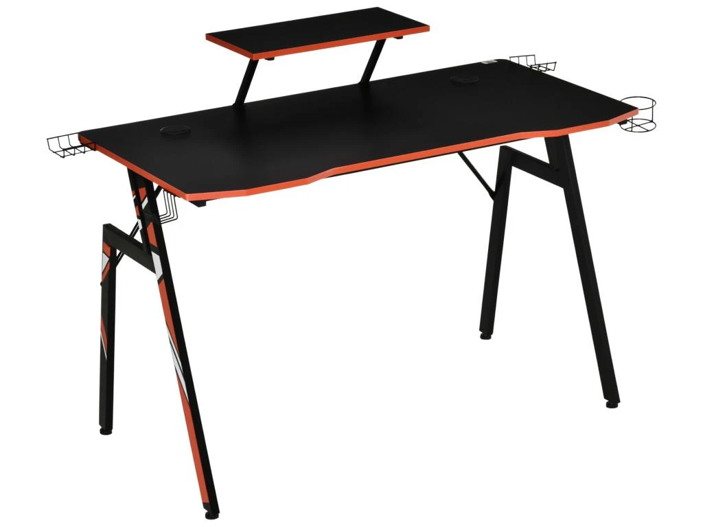 HOMCOM Bureau Gaming Bureau Gamer Bureau Informatique Bracket Casque Enceintes Porte-gobelet Grand Plateau MDF Texture Carbone + étagère écran Châssis Acier Rouge Noir – Image 2