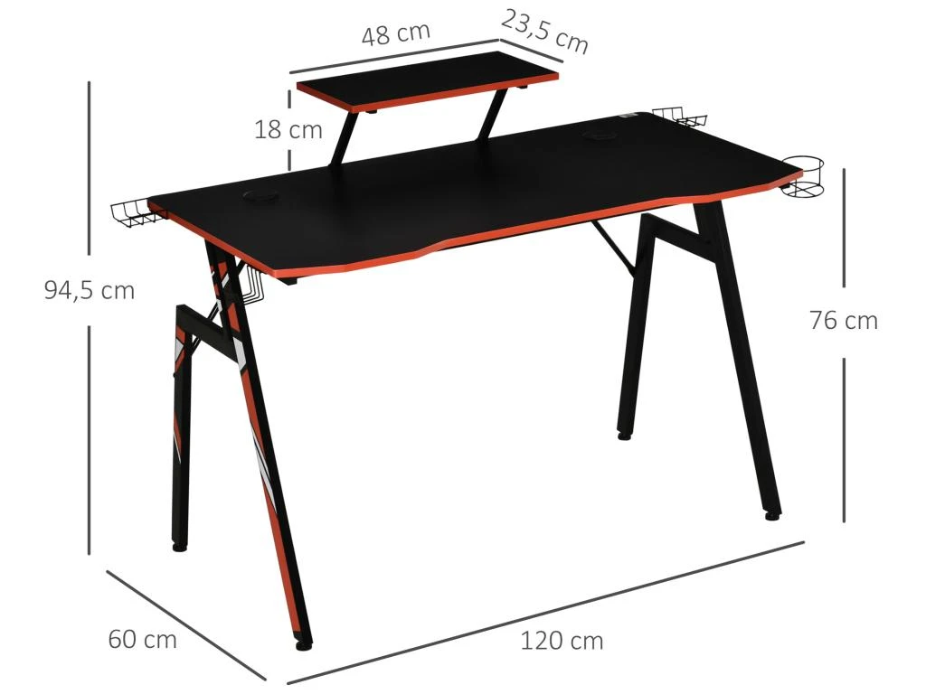 HOMCOM Bureau Gaming Bureau Gamer Bureau Informatique Bracket Casque Enceintes Porte-gobelet Grand Plateau MDF Texture Carbone + étagère écran Châssis Acier Rouge Noir – Image 3