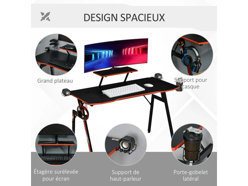 HOMCOM Bureau Gaming Bureau Gamer Bureau Informatique Bracket Casque Enceintes Porte-gobelet Grand Plateau MDF Texture Carbone + étagère écran Châssis Acier Rouge Noir – Image 5