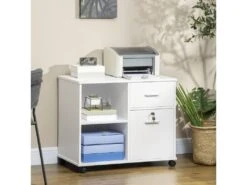 Support D'imprimante Organiseur Bureau Caisson Avec 2 Tiroirs Dont 1 Verrouillable Avec Clé 2 Niches Grand Plateau Dim 80L X 40l X 66,5H Cm Blanc
