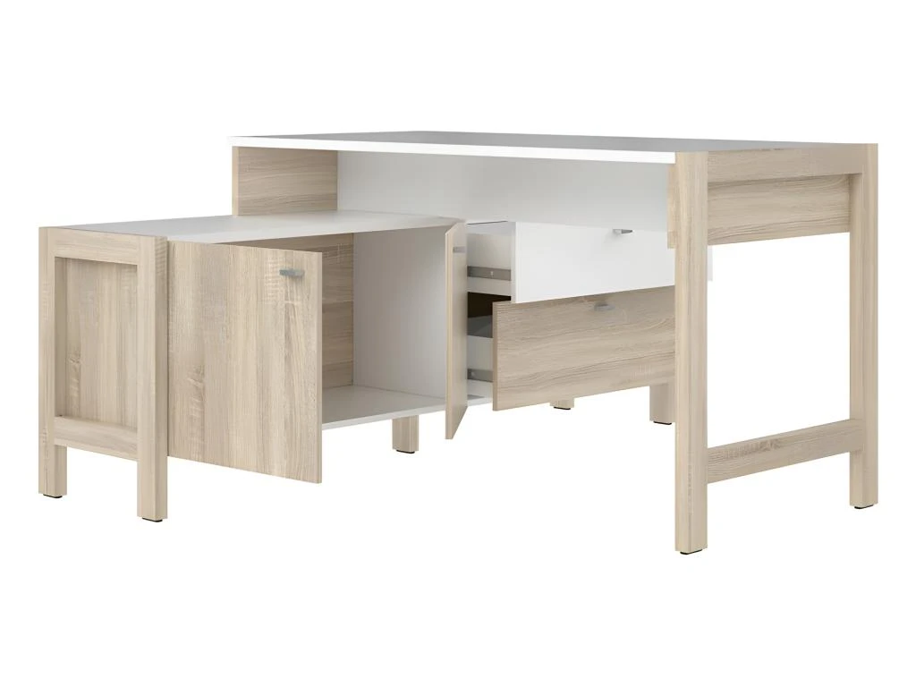 Bureau D'angle 2 Portes 2 Tiroirs Blanc Et Décor Chêne Clair - NORWAY – Image 3