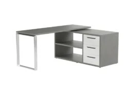 Bureau D'angle Réversible 3 Tiroirs Et 2 Niches Décor Gris Béton Et Blanc - NET