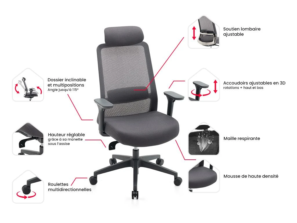 Fauteuil De Bureau Ergonomique Professionnel - Avec Têtière - Nylon Et Tissu - Gris - BANKANO – Image 13