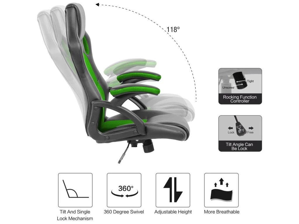 Chaise De Bureau Fauteuil Gamer Noir Vert Simili-cuir 120x66x63 – Image 7