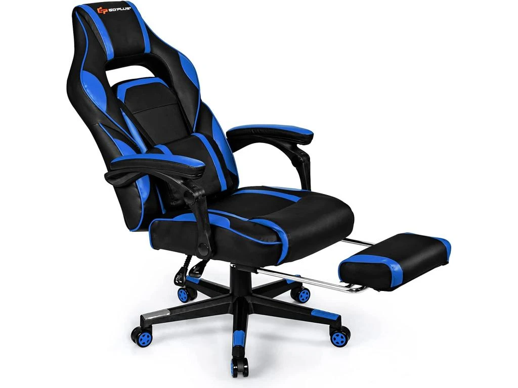 Chaise Gaming Cuir PVC, Siège Gamer Pivotante Ergonomique, Support Lombaire Charge 150kg Bleu