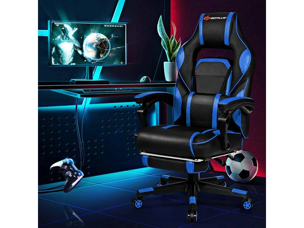 Chaise Gaming Cuir PVC, Siège Gamer Pivotante Ergonomique, Support Lombaire Charge 150kg Bleu – Image 2