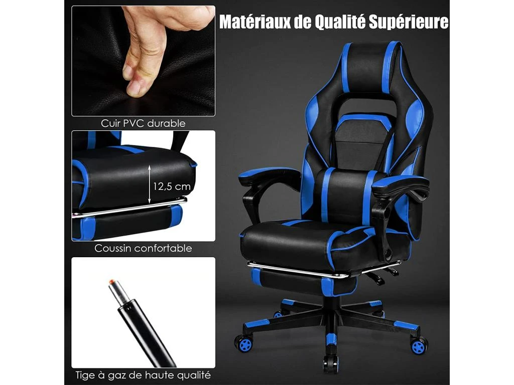 Chaise Gaming Cuir PVC, Siège Gamer Pivotante Ergonomique, Support Lombaire Charge 150kg Bleu – Image 3