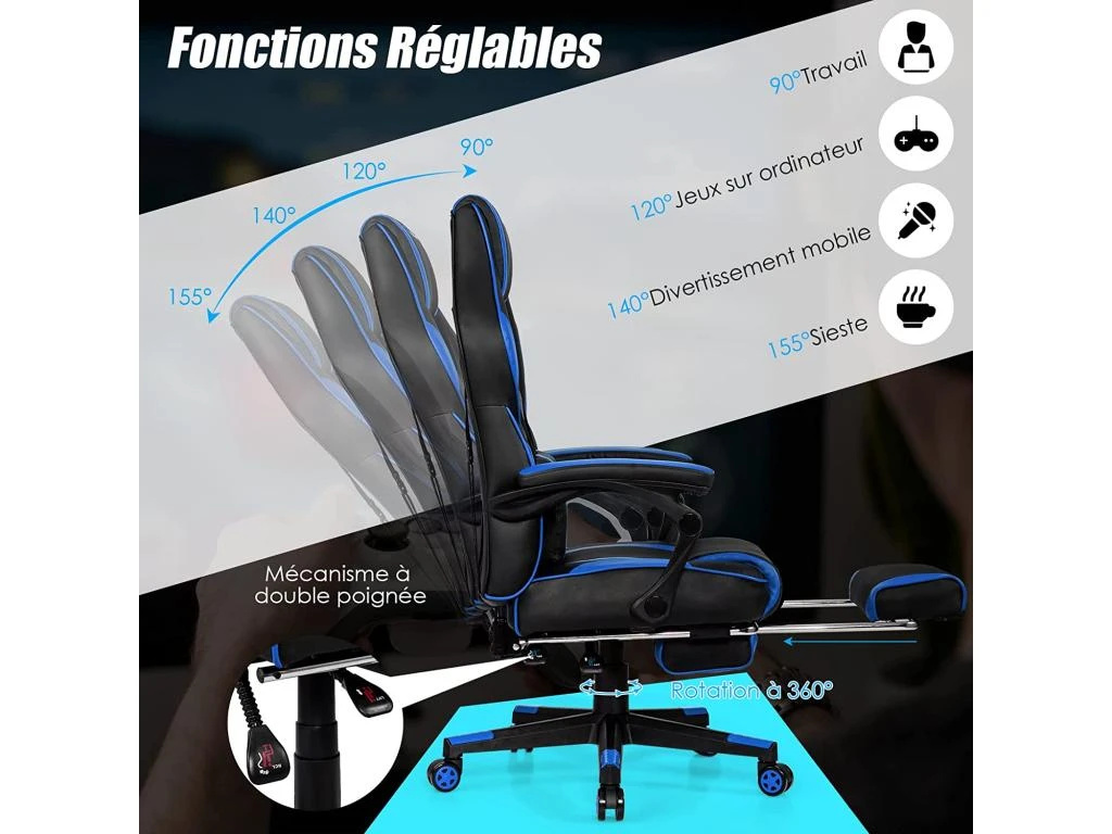 Chaise Gaming Cuir PVC, Siège Gamer Pivotante Ergonomique, Support Lombaire Charge 150kg Bleu – Image 4