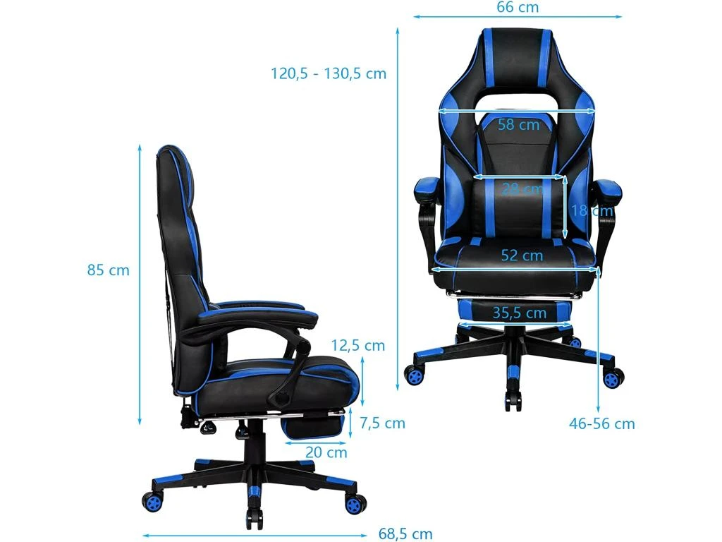Chaise Gaming Cuir PVC, Siège Gamer Pivotante Ergonomique, Support Lombaire Charge 150kg Bleu – Image 5