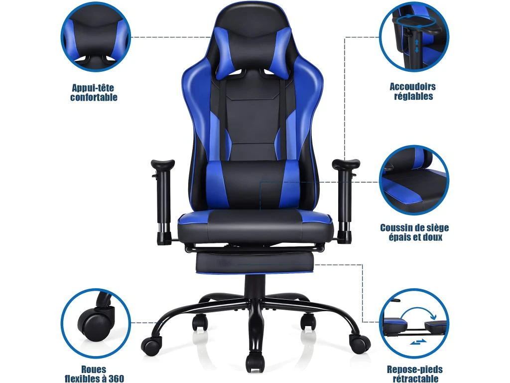 Fauteuil Gamer, Chaise Gaming Inclinable Avec Repose-pieds Télescopique Avec Appui-tête – Image 2