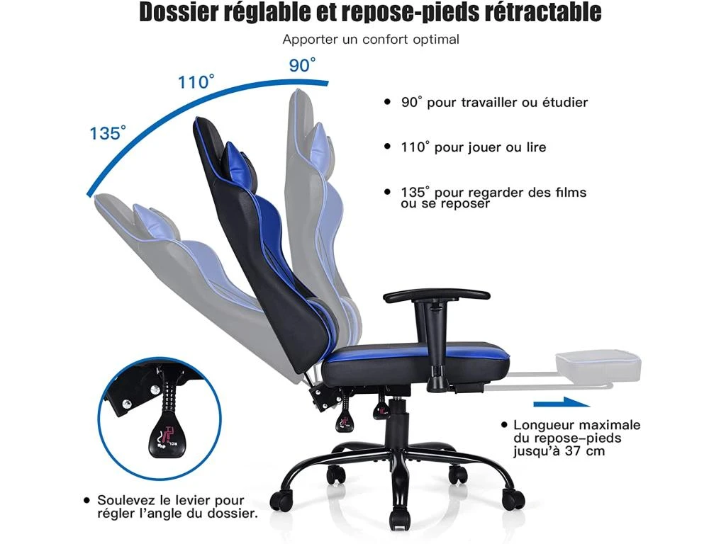 Fauteuil Gamer, Chaise Gaming Inclinable Avec Repose-pieds Télescopique Avec Appui-tête – Image 3