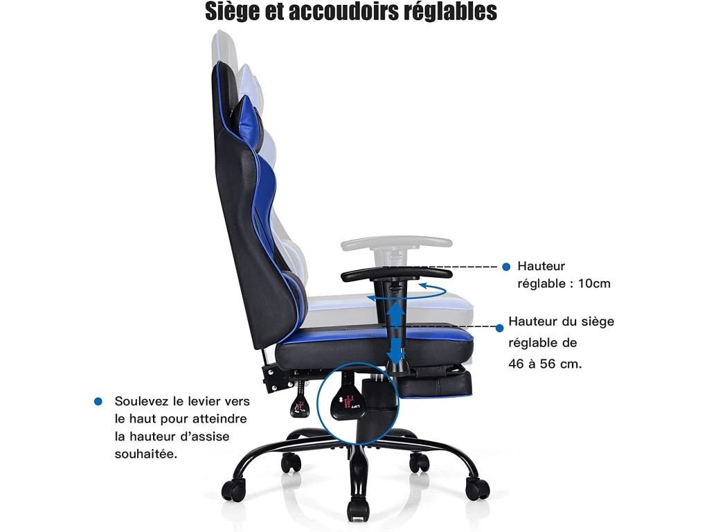 Fauteuil Gamer, Chaise Gaming Inclinable Avec Repose-pieds Télescopique Avec Appui-tête – Image 4