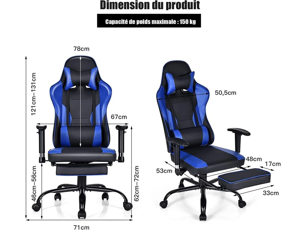 Fauteuil Gamer, Chaise Gaming Inclinable Avec Repose-pieds Télescopique Avec Appui-tête – Image 5