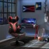 Fauteuil Gaming Base Ronde Métal Pivotante 360° Hauteur Réglable Tétière Accoudoirs Relevables PVC Rouge Noir