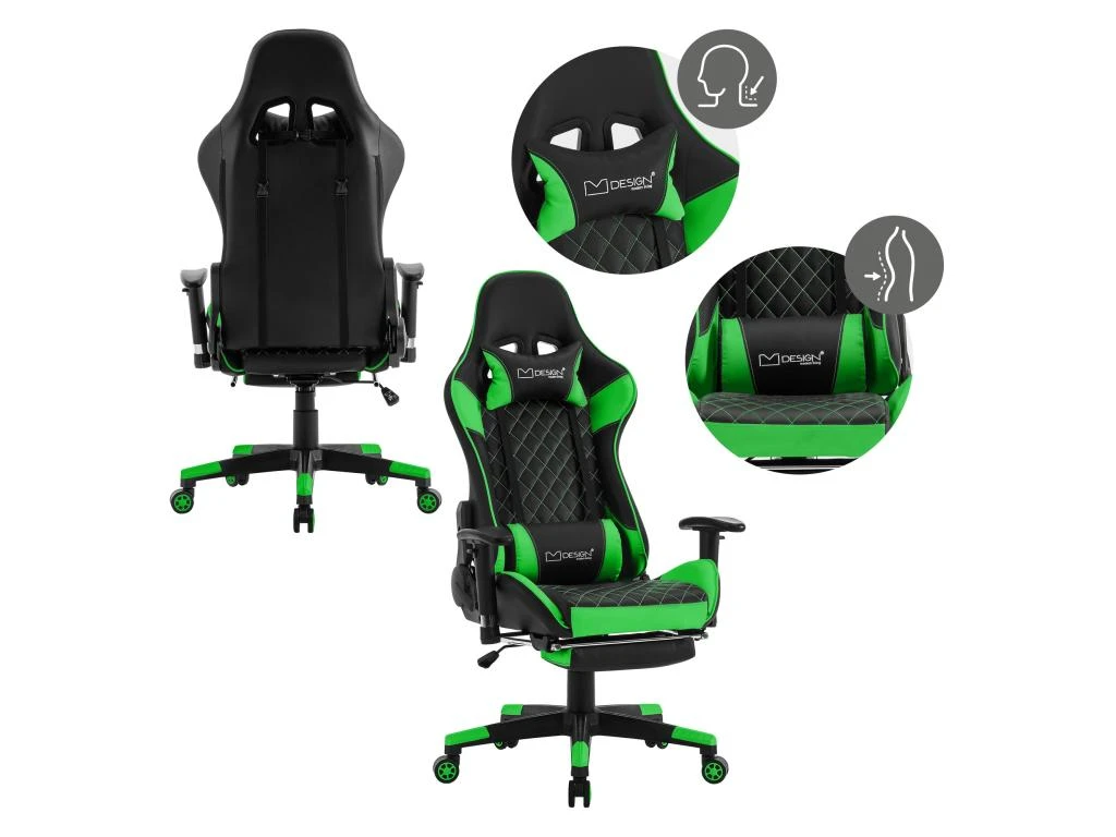 Chaise De Jeu Avec Repose-pieds Extensible 2D Accoudoirs Noir/Vert En Similicuir ML-Design – Image 3